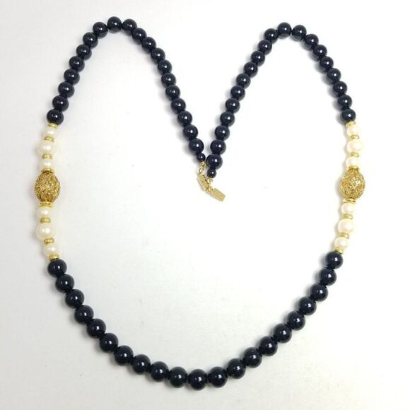 Vintage 1928 Black, White and Gold Tone Long Beaded Necklace, 80s 90s Style - Picture 1 of 6